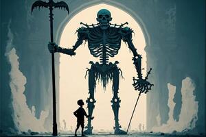 hombre en pie en frente de un gigante esqueleto. generativo ai. foto