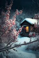 small house sitting in the middle of a snow covered forest. . photo