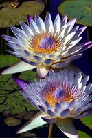 two purple and white water lilies in a pond. . photo