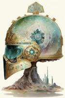 close up of a helmet with a clock on it. . photo