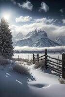 snow covered field with a fence and a mountain in the background. . photo