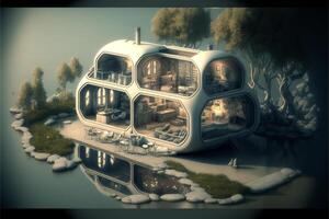 futuristic house sitting on top of a body of water. . photo