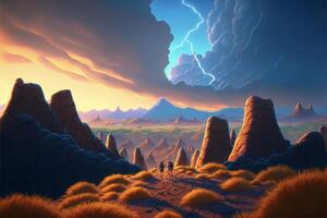 painting of a desert scene with lightning in the sky. . photo