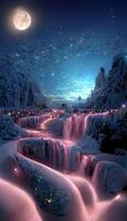 waterfall at night with a full moon in the sky. . photo