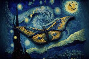 a painting of a butterfly with a full moon in the background. . photo