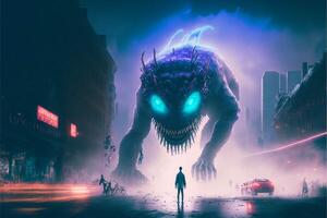 man standing in front of a giant monster on a city street. . photo