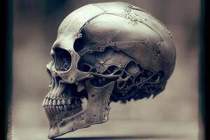 cerca arriba de un cráneo con un casco en. generativo ai. foto