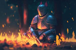 knight sitting on the ground in front of a fire. . photo