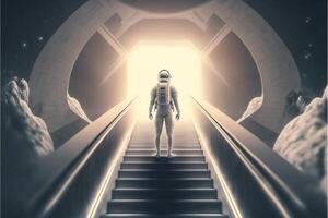 man in a space suit standing on an escalator. . photo