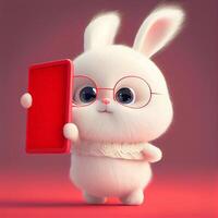 white rabbit with glasses holding a red object. . photo