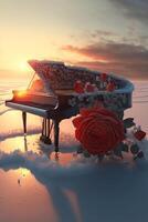 piano sitting on top of a snow covered beach. . photo