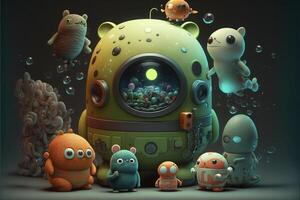 group of cartoon animals standing in front of a submarine. . photo
