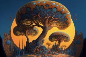 a painting of a tree with a moon in the background. . photo