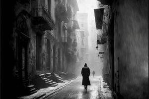 un persona caminando abajo un calle en el lluvia. generativo ai. foto