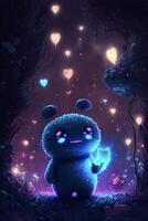 blue teddy bear standing in the middle of a forest. . photo