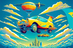 yellow car flying in the sky with a hot air balloon in the background. . photo
