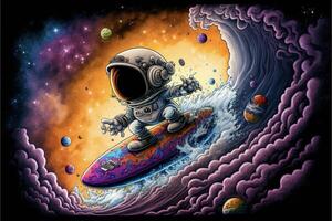 painting of an astronaut riding a wave on a surfboard. . photo