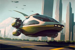 futuristic flying car in the middle of a city. . photo