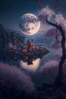 painting of a night scene with a full moon. . photo