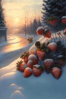 painting of a bunch of strawberries in the snow. . photo