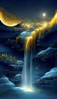 painting of a waterfall with a moon in the background. . photo