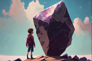 boy standing in front of a large rock. . photo