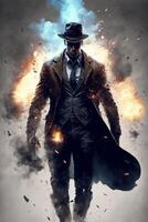 man in a suit and hat with a gun in his hand. . photo
