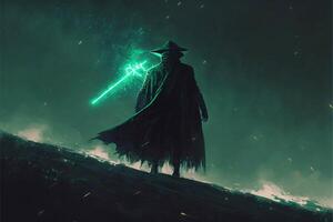 man standing on top of a hill holding a green light saber. . photo