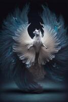 white bird with blue feathers spread its wings. . photo