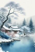 painting of a house in a snowy landscape. . photo