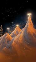 snowy mountain covered in snow at night. . photo