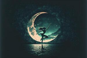 woman standing on top of a moon next to a body of water. . photo