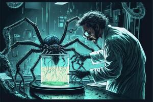 man looking at a giant spider in a jar. . photo