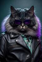 cat wearing sunglasses and a leather jacket. . photo