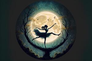 ballerina dancing in front of a full moon. generative ai. photo
