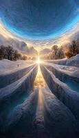 the sun shines through a hole in the snow. . photo