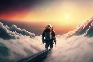 man in a space suit standing on top of a mountain. . photo