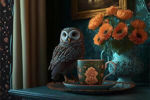 an owl sitting on top of a table next to a cup and saucer. . photo