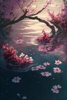 painting of flowers floating in a body of water. . photo