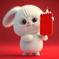 white rabbit with glasses holding a red object. . photo