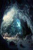 cave filled with lots of ice and water. . photo