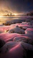 campo cubierto en nieve siguiente a un cuerpo de agua. generativo ai. foto