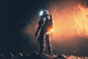 man in a space suit standing on a rock. . photo