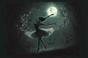 woman in a tutu dancing in front of a full moon. generative ai. photo
