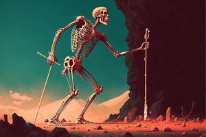 skeleton standing on skis in front of a cave. . photo