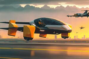 an artists rendering of a futuristic flying vehicle. . photo