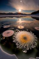 bunch of bubbles floating on top of a body of water. . photo