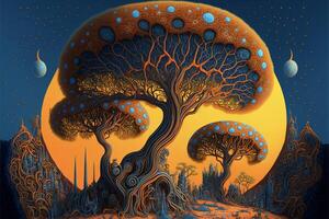 a painting of trees in front of a full moon. . photo