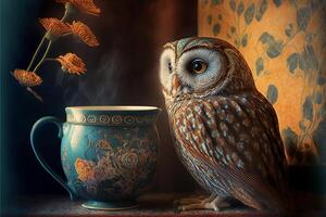 an owl sitting next to a cup of coffee. . photo