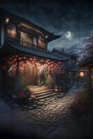 house with lanterns lit up at night. . photo